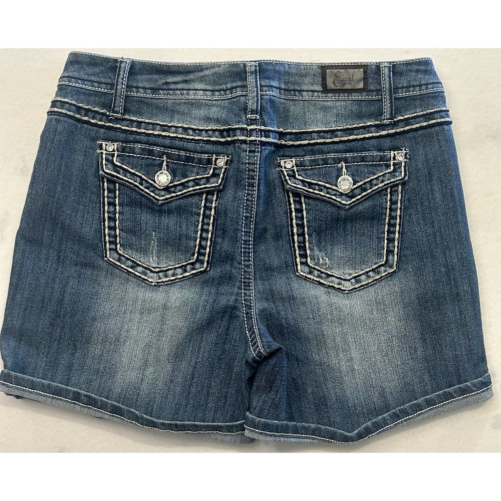 Earl Jean Denim Shorts Womens Size 10 Thick Stitch Rhinestones Cuffed Pockets - Picture 7 of 9